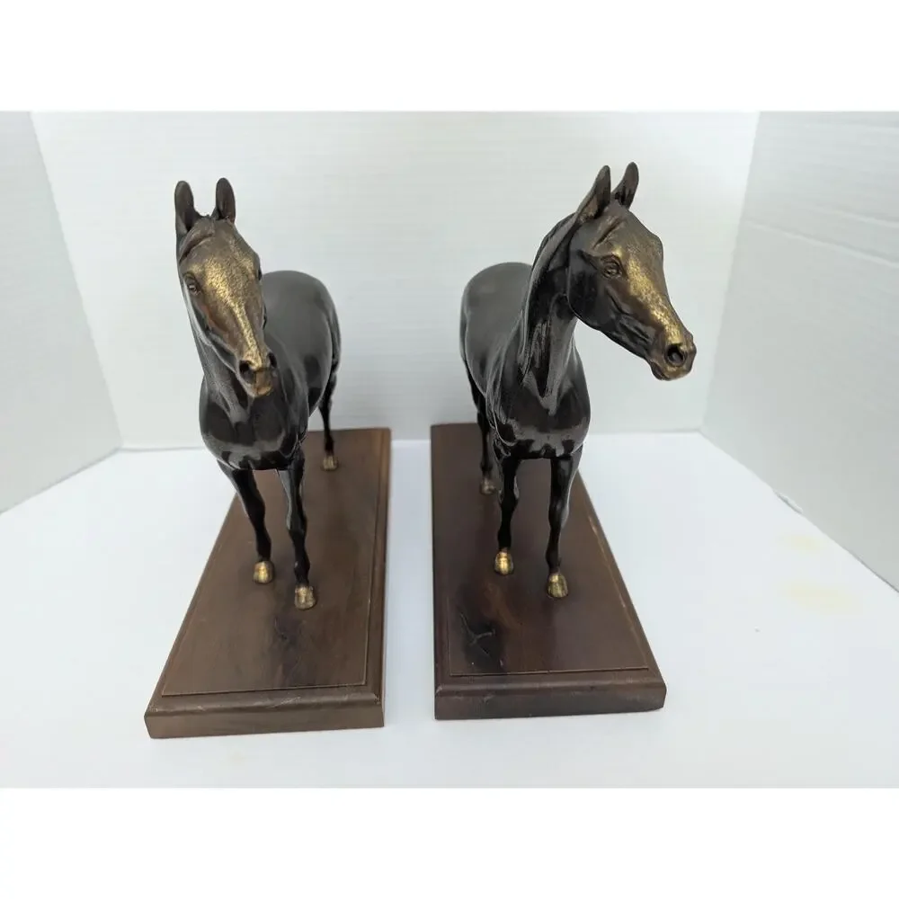 Pair Vintage Metal Horse Bookends Wood Base Equestrian Decor